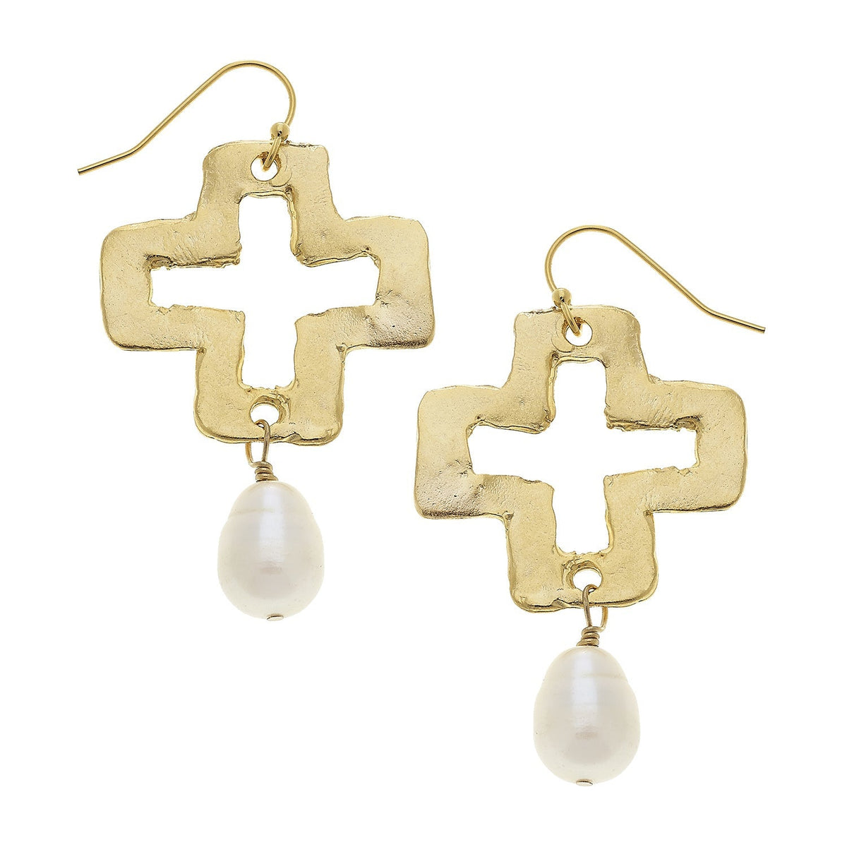 Open Square Cross & Pearl Drop Earrings