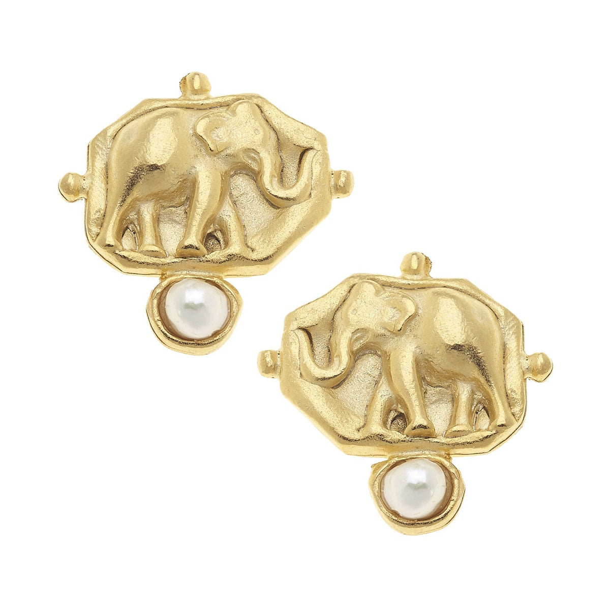 Elephant Intaglio Pearl Clip Studs