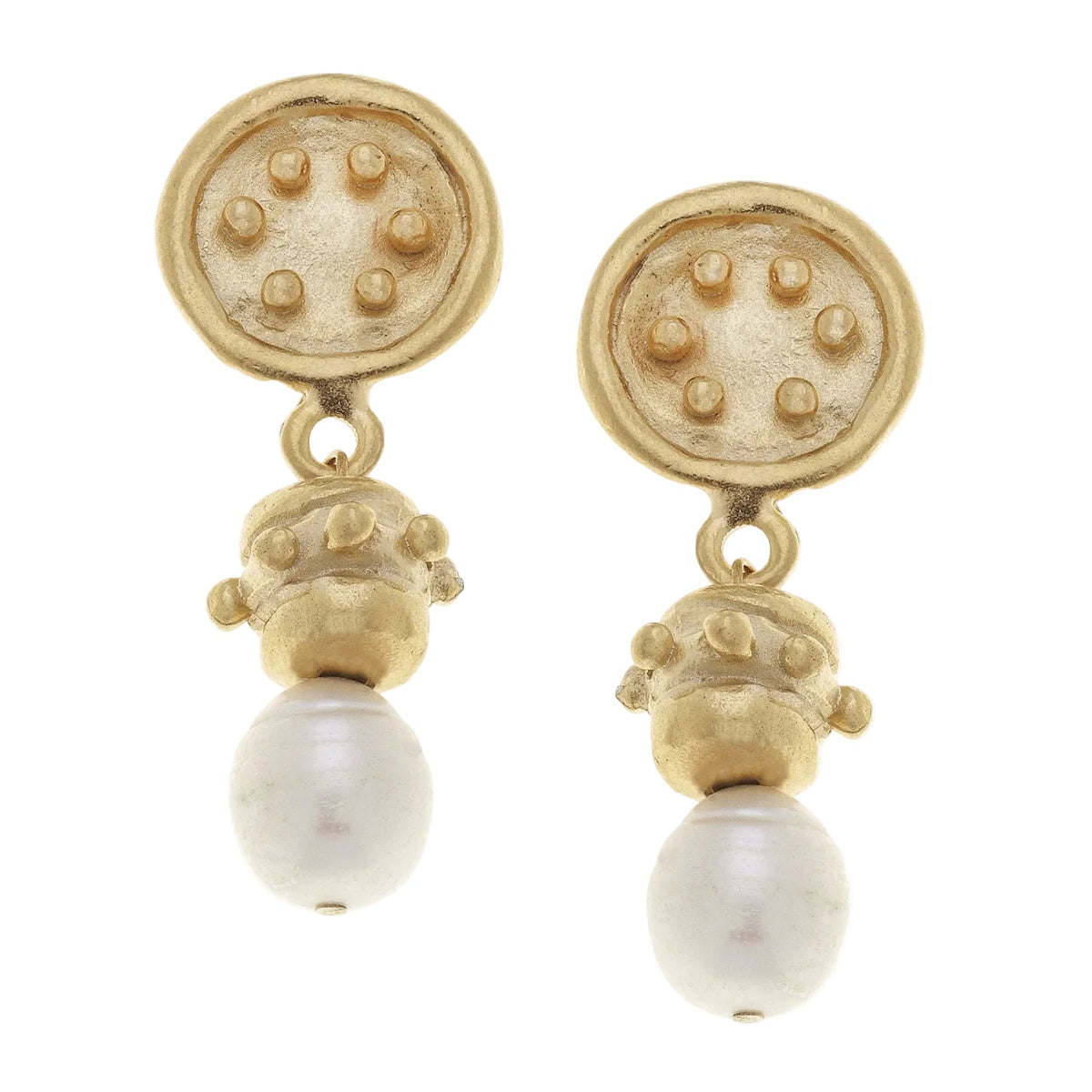 Gold Dotted Round & Pearl Drop Earrings