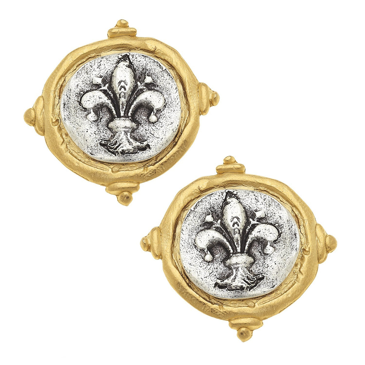 Mixed Metal Fleur de Lis Intaglio Studs