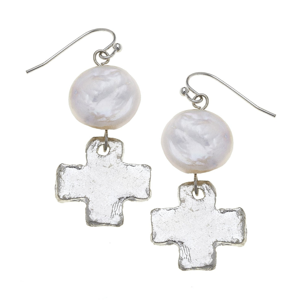 Silver Square Cross & Coin Pearl Earrings