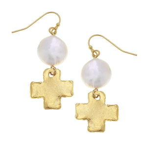 Square Cross & Coin Pearl Earrings