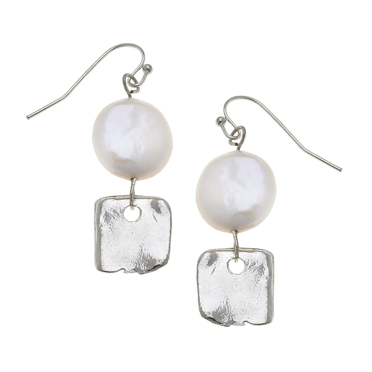Silver Square & Coin Pearl Earrings