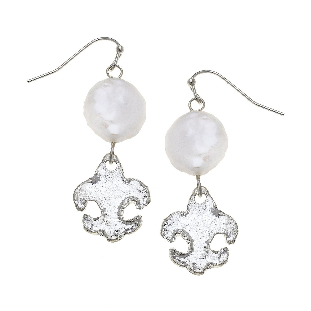 Silver Fleur de Lis & Coin Pearl Earrings