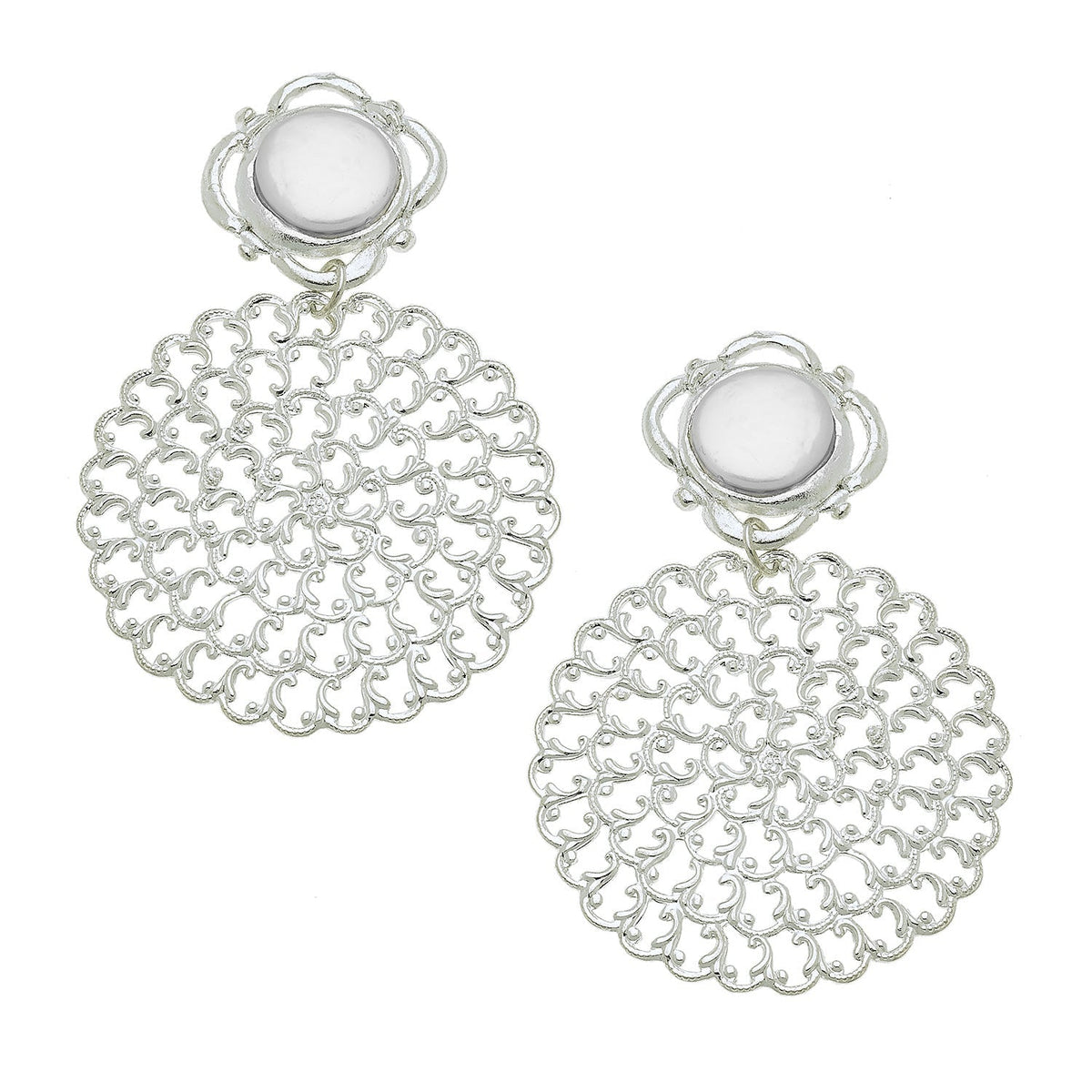 Silver Pearl Scroll Filigree Earrings
