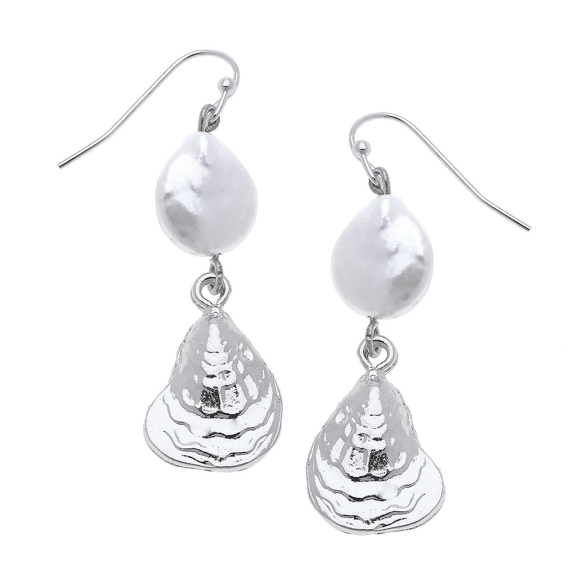 Silver Coin Pearl Oyster Drop Earrings