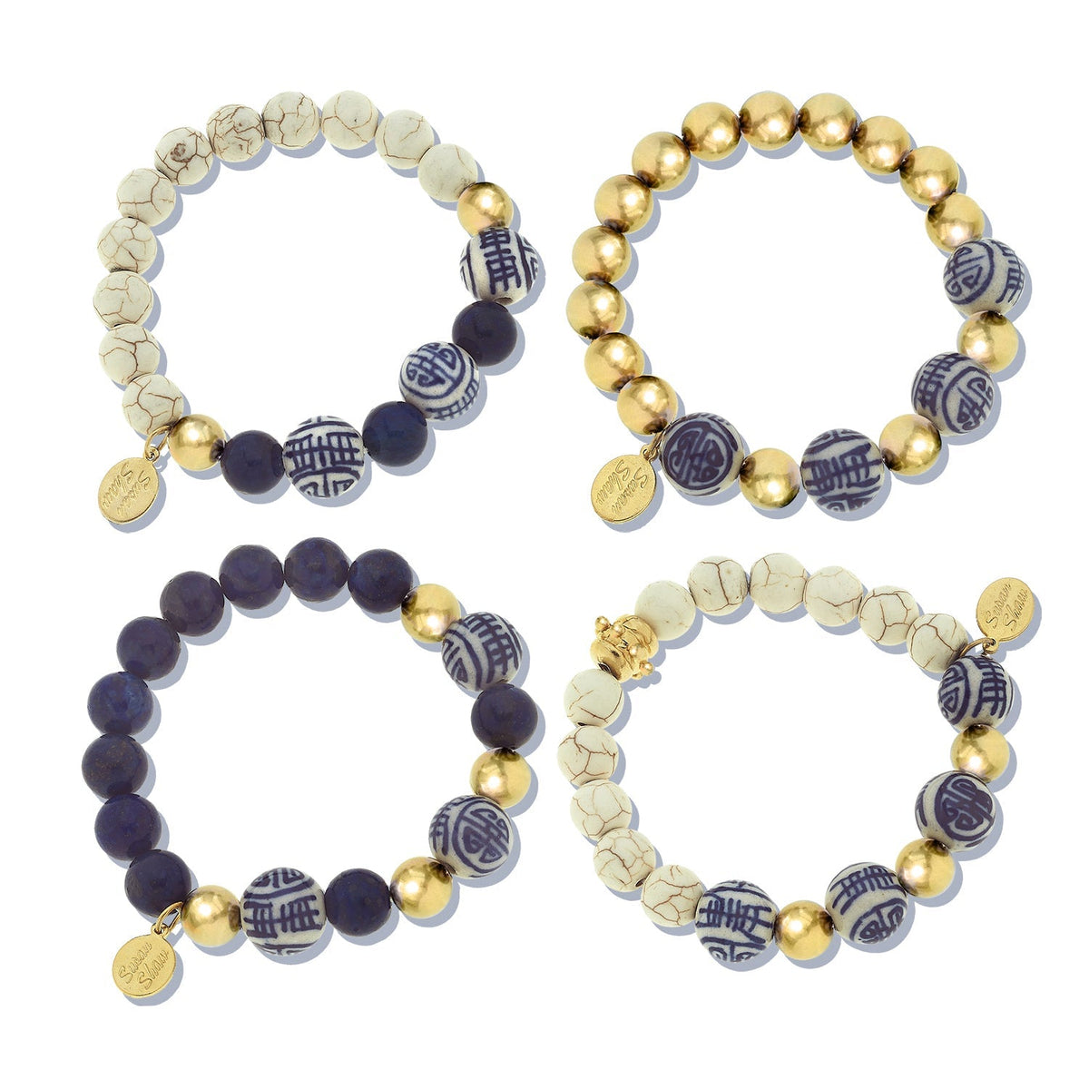 Set of 4 Assorted Blue & White Lapis Stretch Bracelets