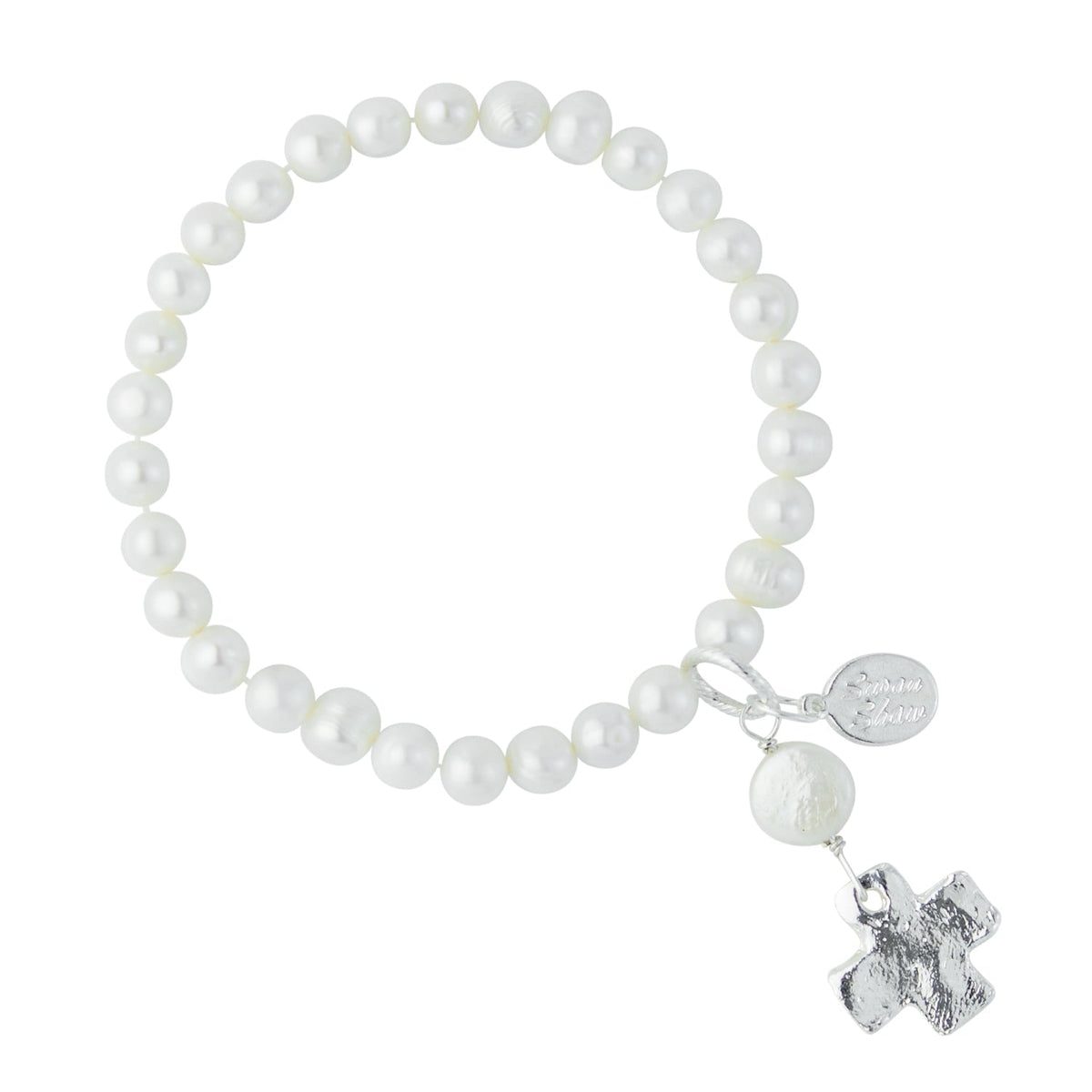 Silver Pearl Cross Stretch Bracelet