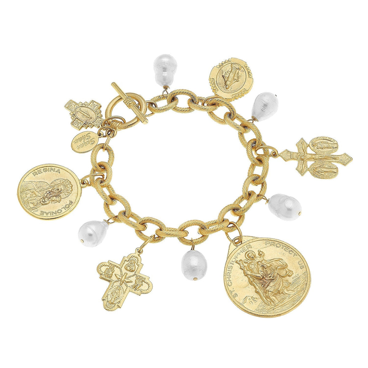 Saint Charms & Freshwater Pearl Toggle Bracelet