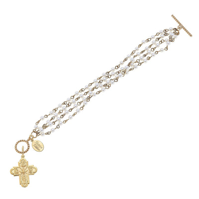 4-Row Pearl Link & Cross Bracelet