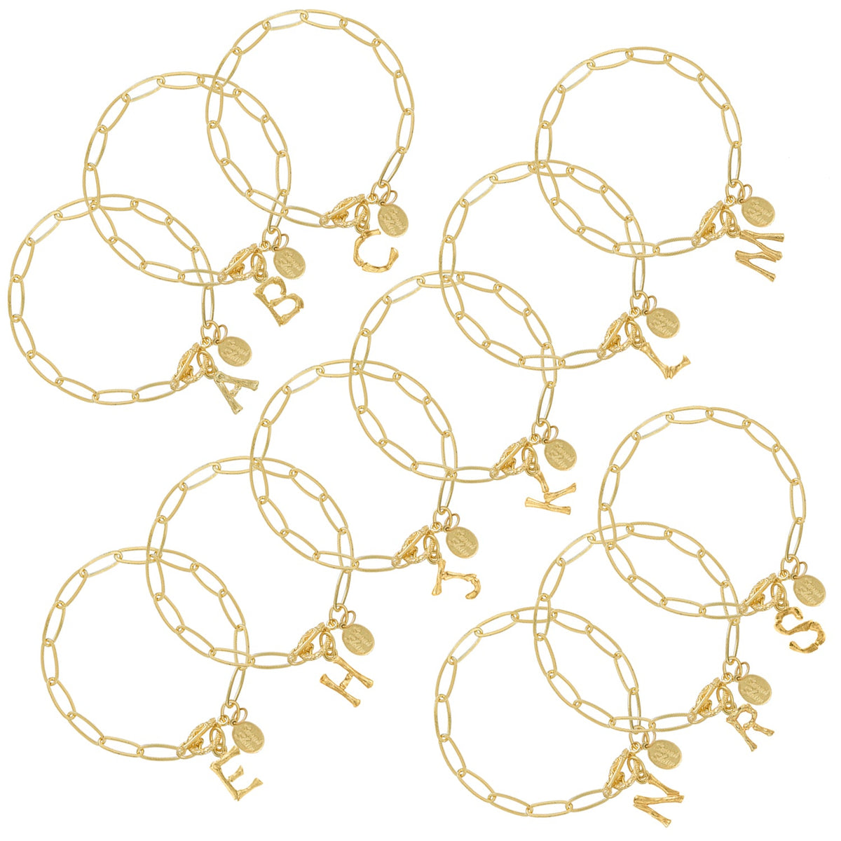 Set of 12 Most Popular Gold Bamboo Initial Bracelets (A, B, C, E, H, J, K, L, M, N, R, S)