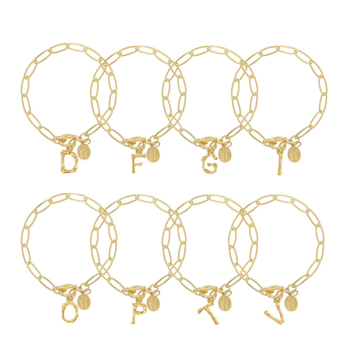 Set of 8 Next Most Popular Gold Bamboo Initial Bracelets (D, F, G, I, O, P, T, V)