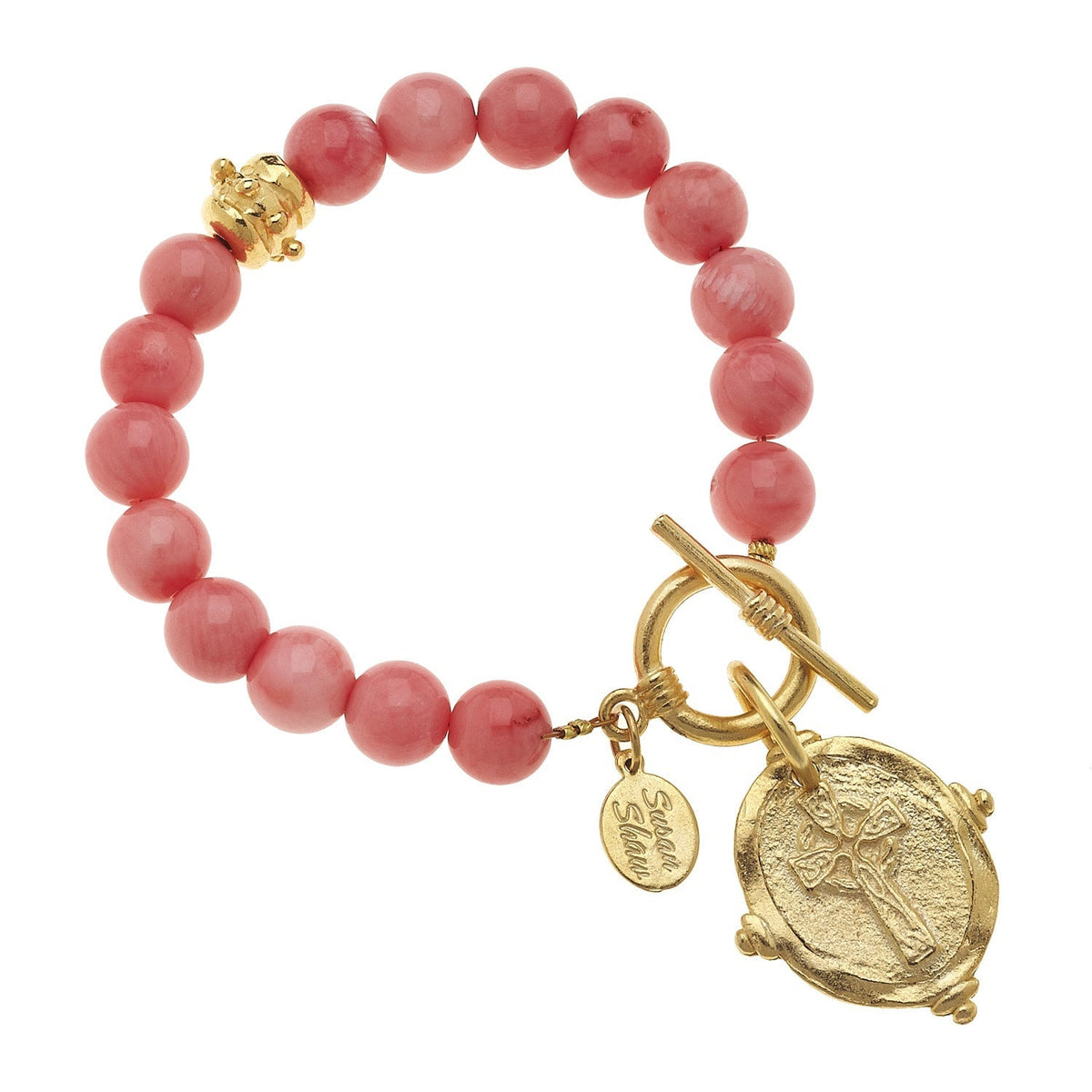 Cross Stone Toggle Bracelet - Pink Coral