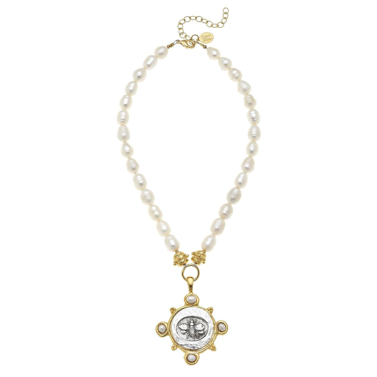 Mixed Metal Bee Pendant Pearl Necklace