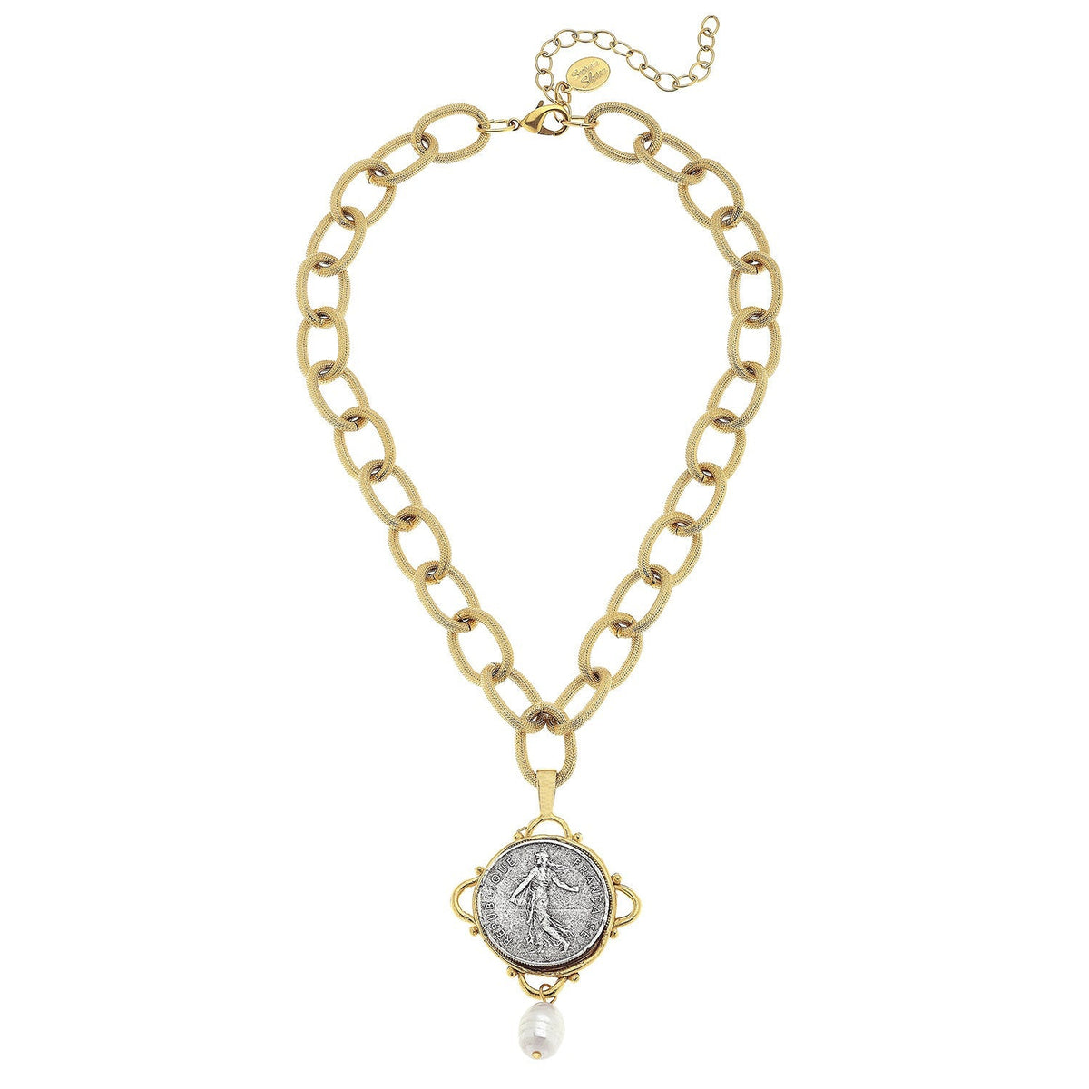 Mixed Metal French Franc Pearl Drop Necklace