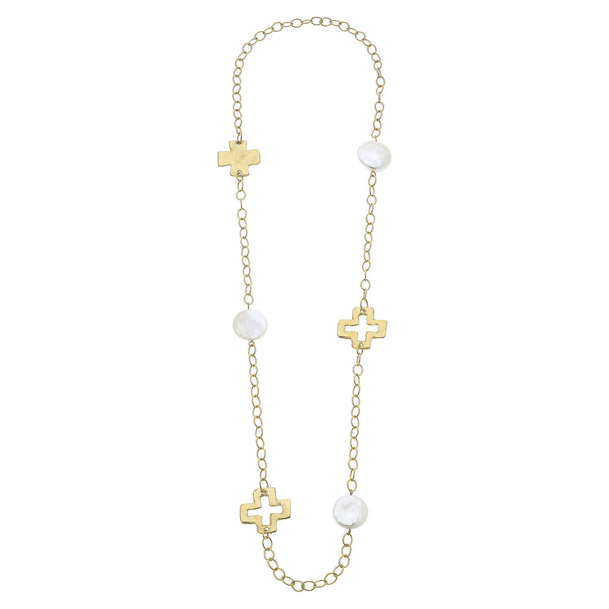 Cross & Coin Pearl Long Necklace