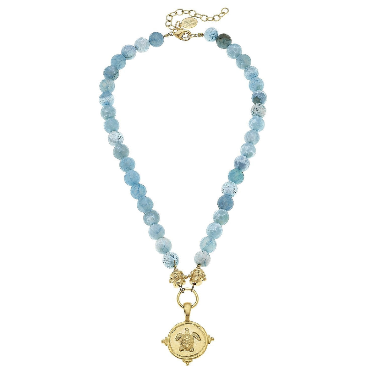 Gold Turtle on Aqua Fire Agate Necklace