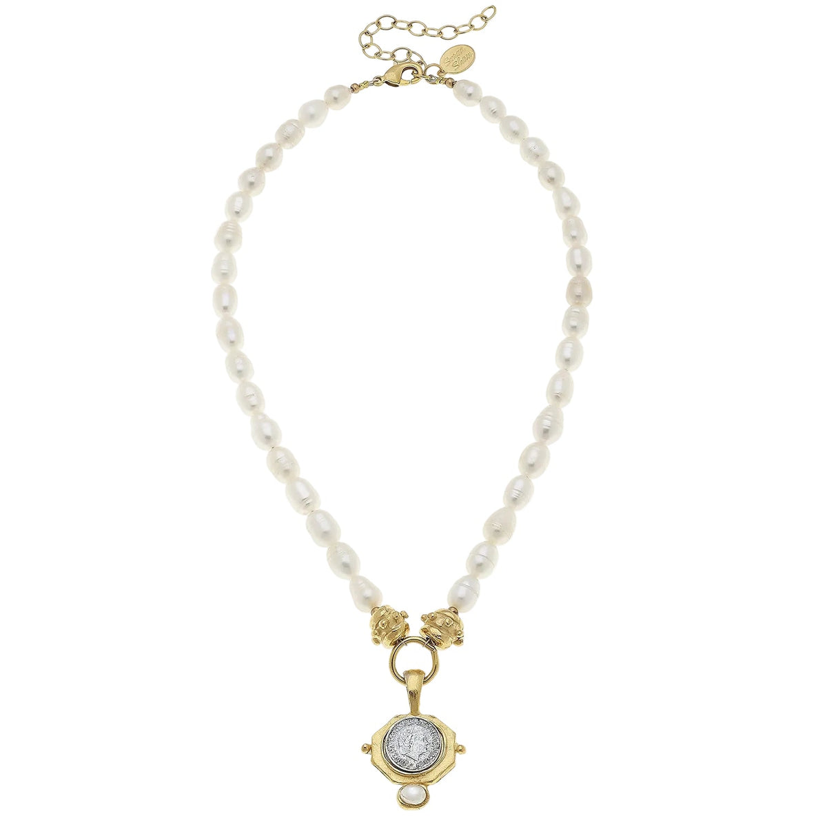 Mixed Metal Coin Pendant Pearl Necklace