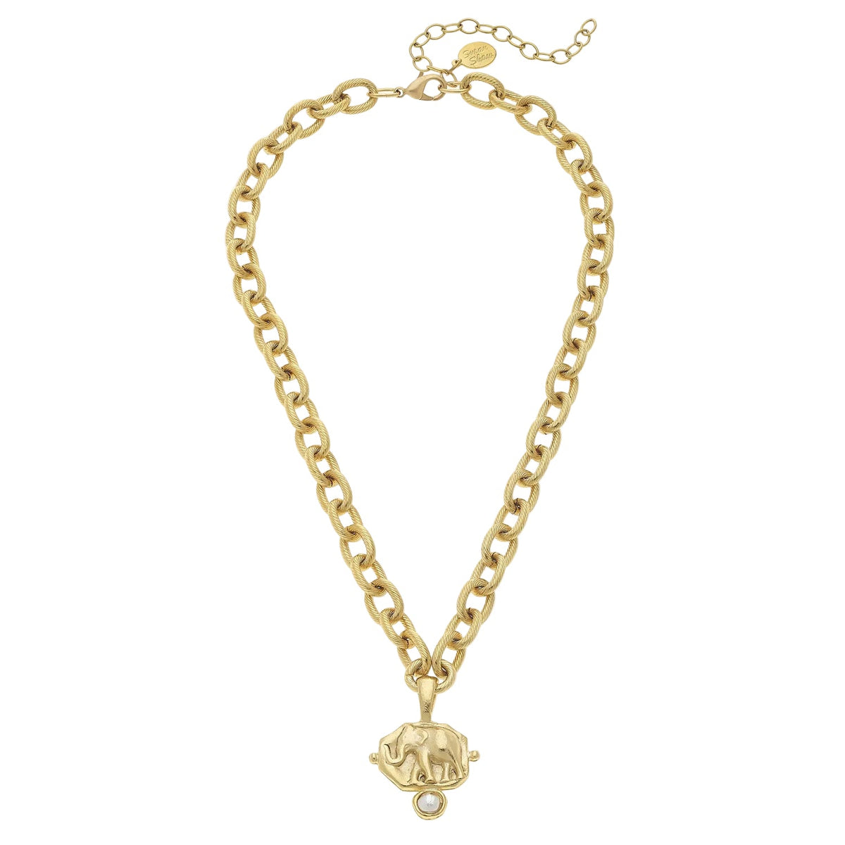 Handcast Gold Elephant Intaglio & Handset Pearl Chain Necklace
