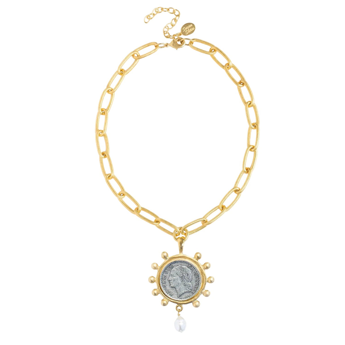 Mixed Metal French Franc Pearl Drop Necklace