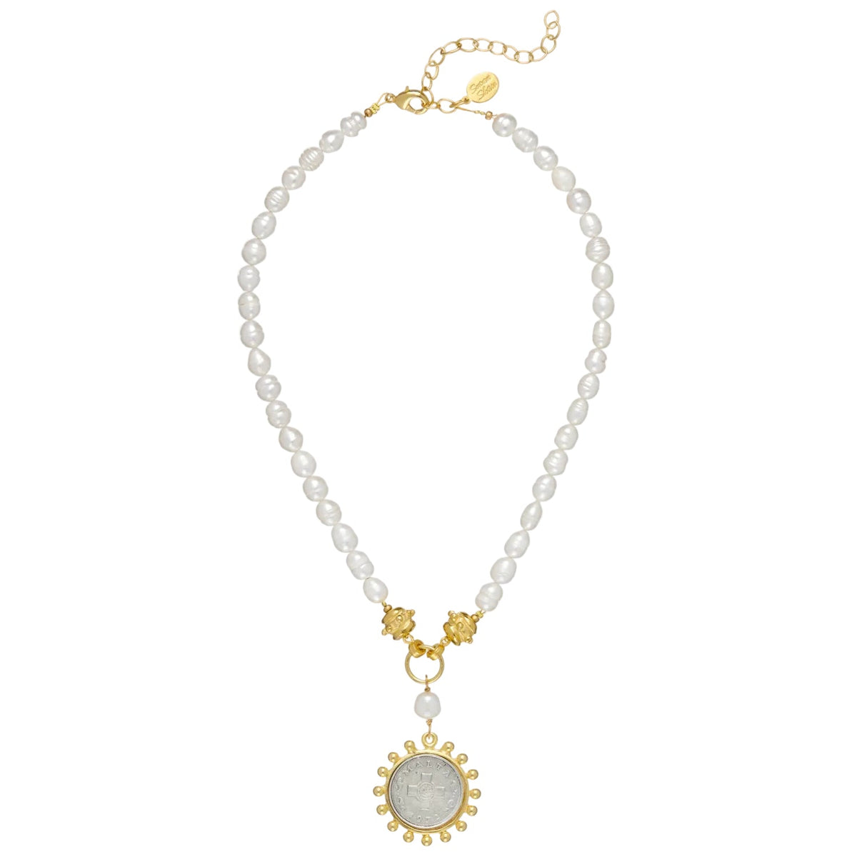 Mixed Metal Malta Coin Pearl Necklace