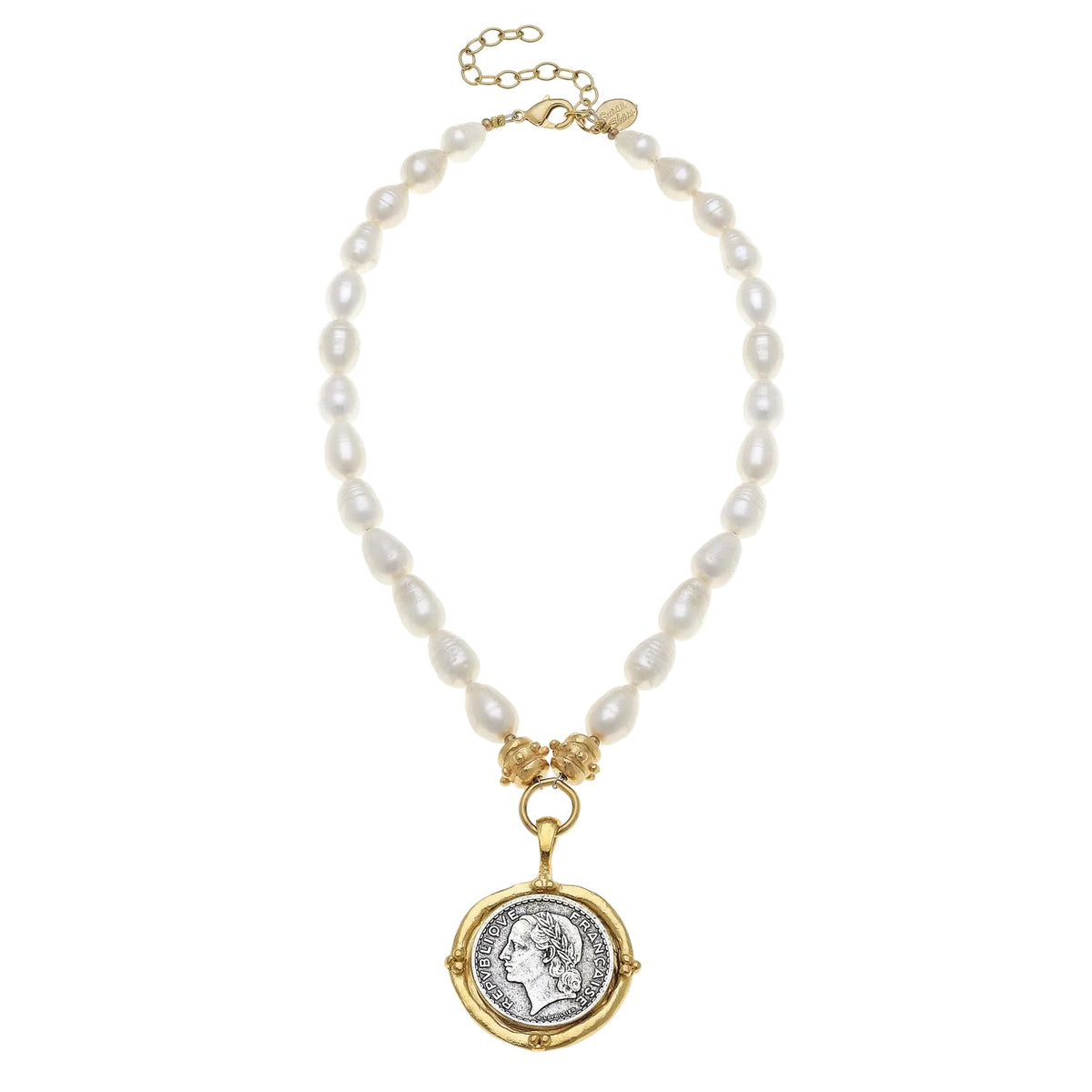 Mixed Metal Roman Coin Pearl Necklace