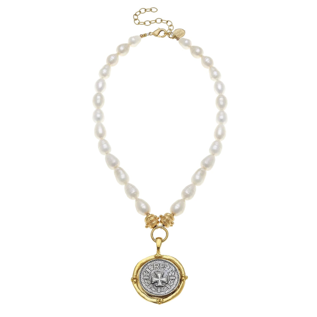 Mixed Metal Cross Coin Pendant Pearl Necklace