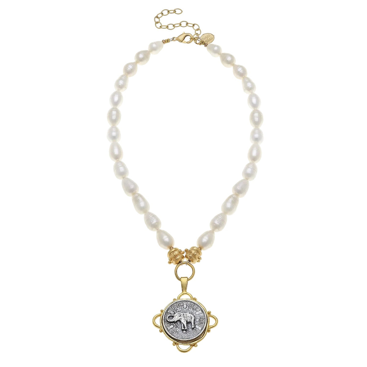 Mixed Metal Elephant Coin Pendant Pearl Necklace