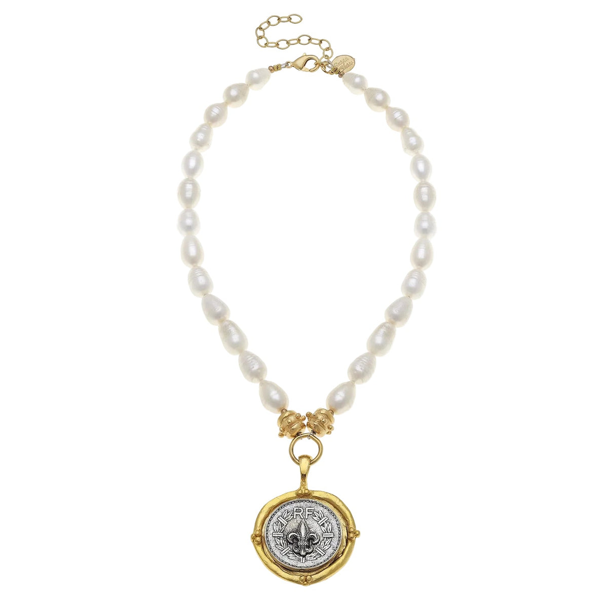 Mixed Metal Fleur de Lis Coin Pendant Pearl Necklace