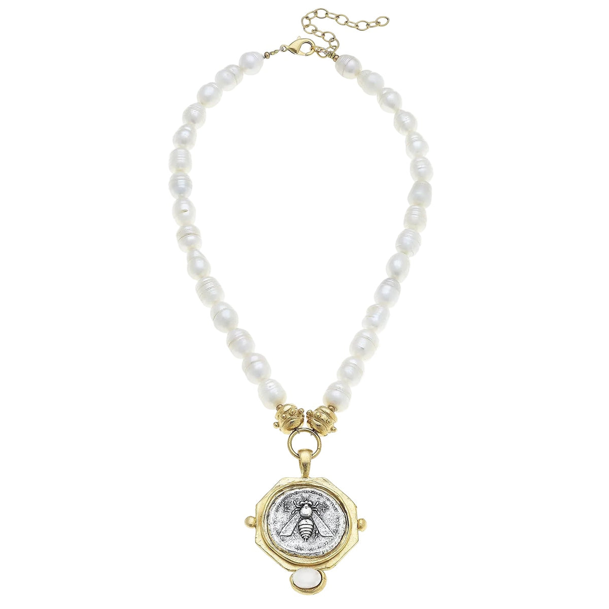 Mixed Metal Bee Coin Pendant & Pearl Necklace