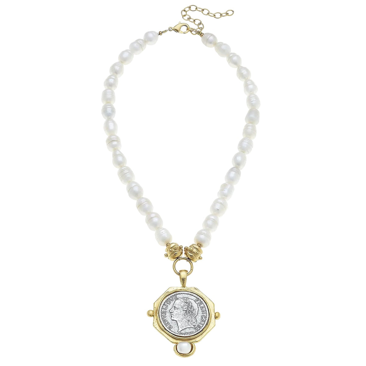 Mixed Metal French Franc Coin Pendant & Pearl Necklace
