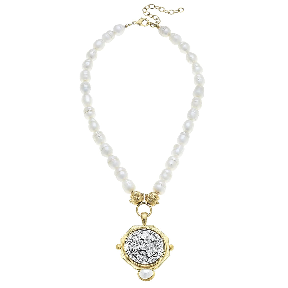 Mixed Metal Horse Head Coin Pendant & Pearl Necklace