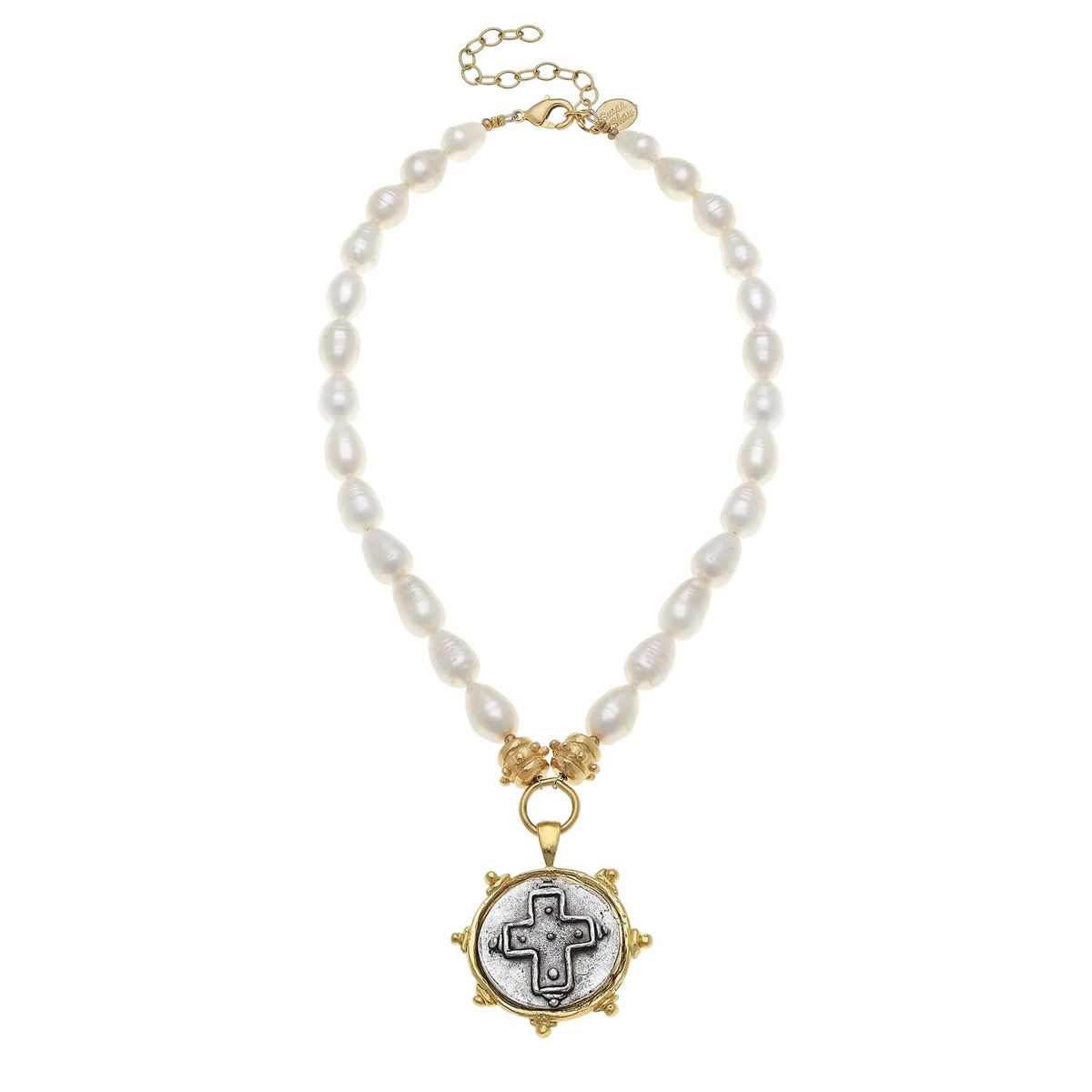 Mixed Metal Cross Intaglio Pearl Necklace