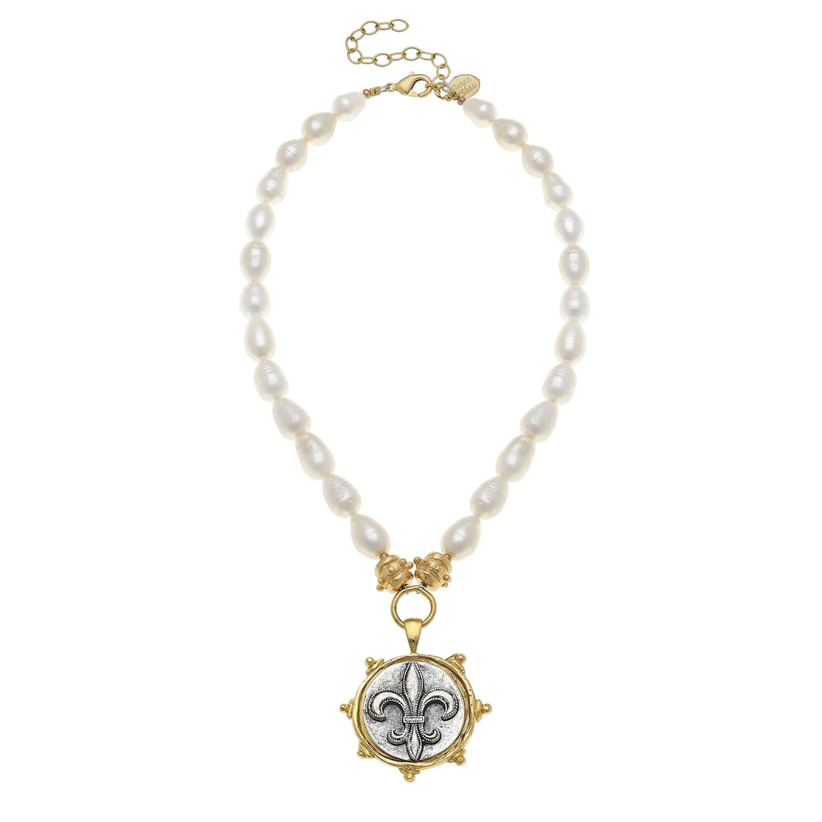 Mixed Metal Fleur de Lis Intaglio Pearl Necklace