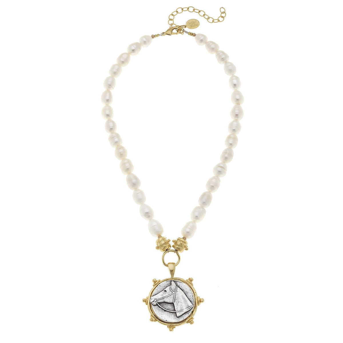 Mixed Metal Horse Head Intaglio Pearl Necklace