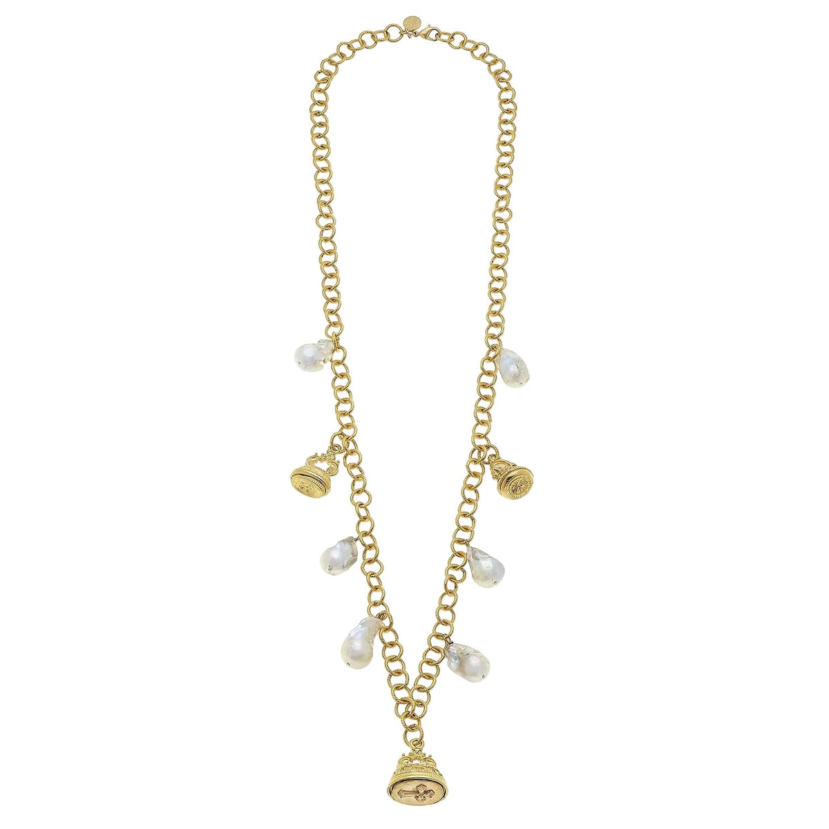 Long Cross Fob & Baroque Pearl Chain Necklace