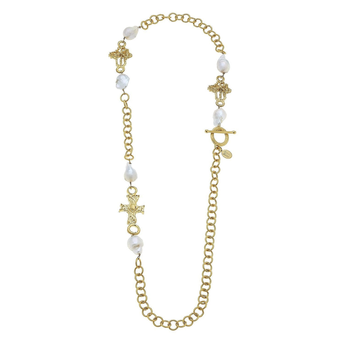 Long Open Cross & Baroque Pearl Chain Necklace