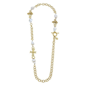 Long Open Cross & Baroque Pearl Chain Necklace