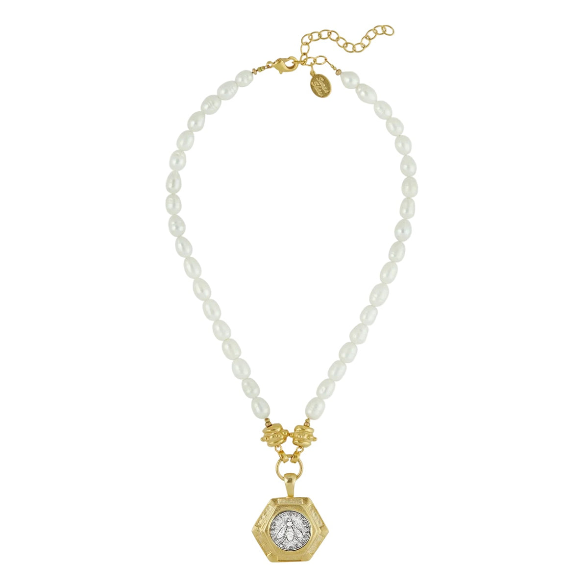 Mixed Metal Bee Lira Pendant Freshwater Pearl Necklace