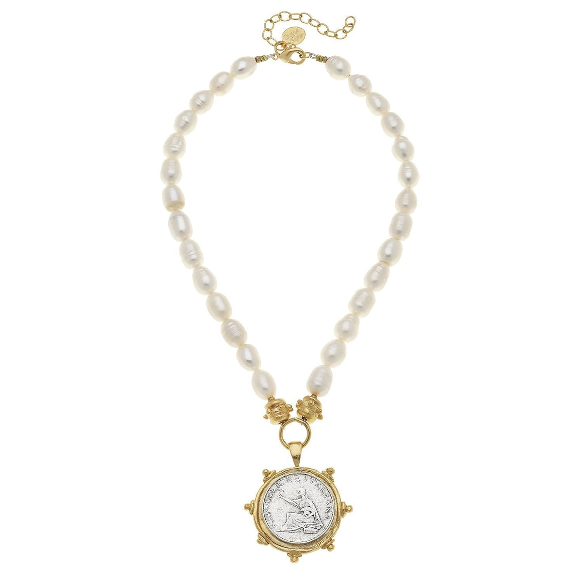 Florence Italian Coin Pendant Pearl Necklace