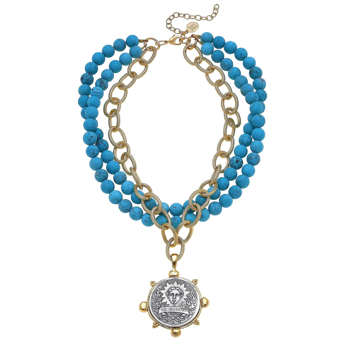 Multi Strand Turquoise + Medal Pendant Necklace