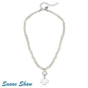 Coin Pearl Gold Cross Drop Necklace
