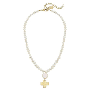 Coin Pearl Gold Cross Drop Necklace