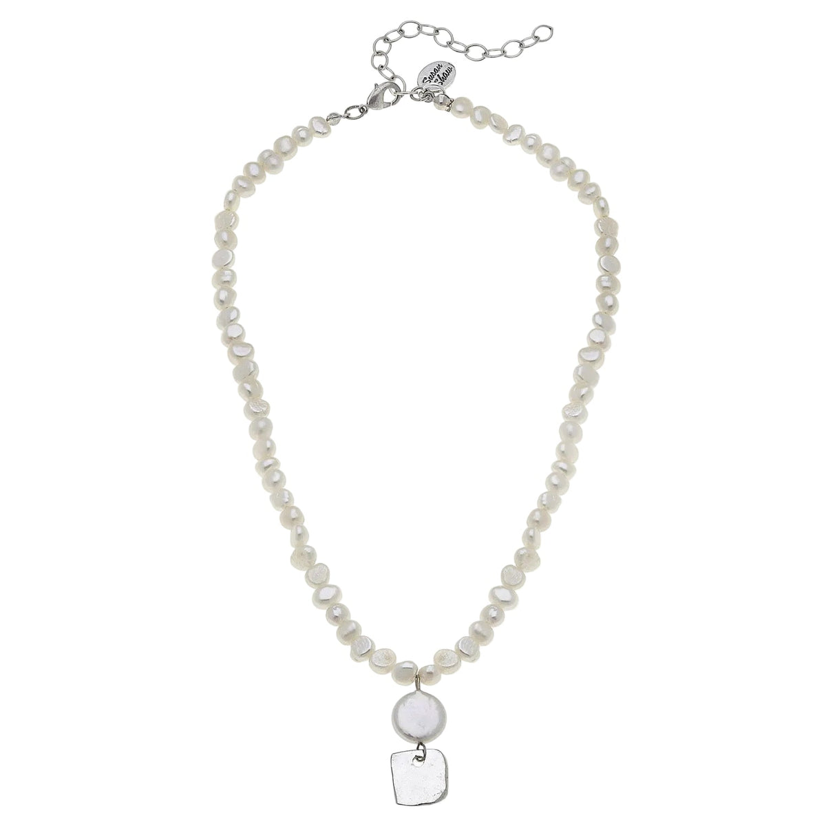 Silver Coin Pearl Square Drop Necklace