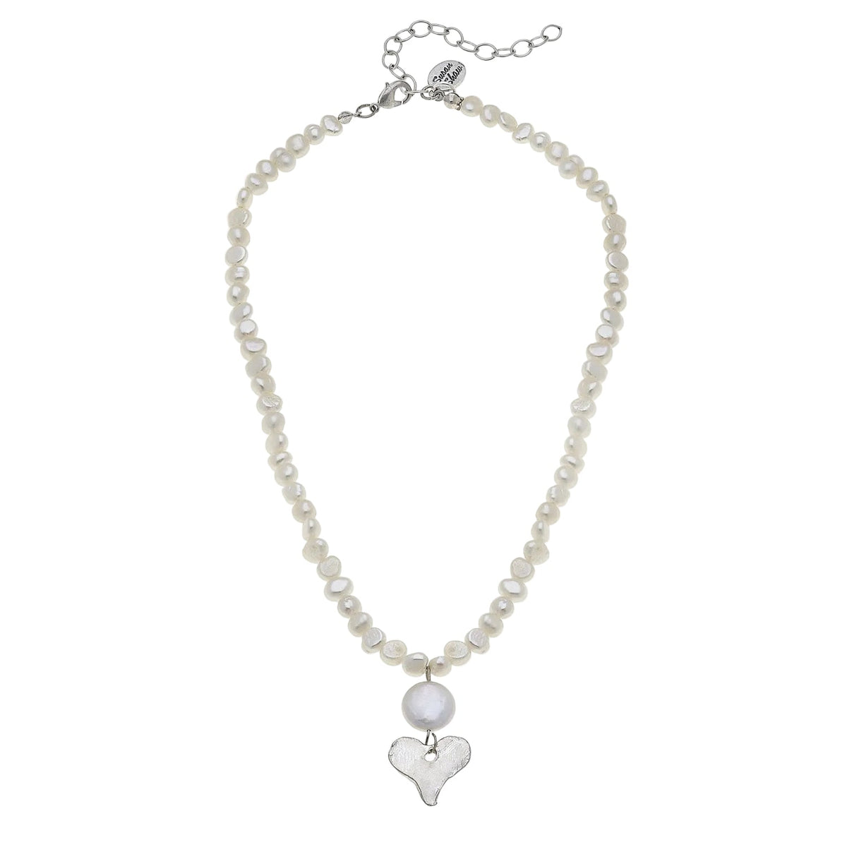 Silver Coin Pearl Heart Drop Necklace