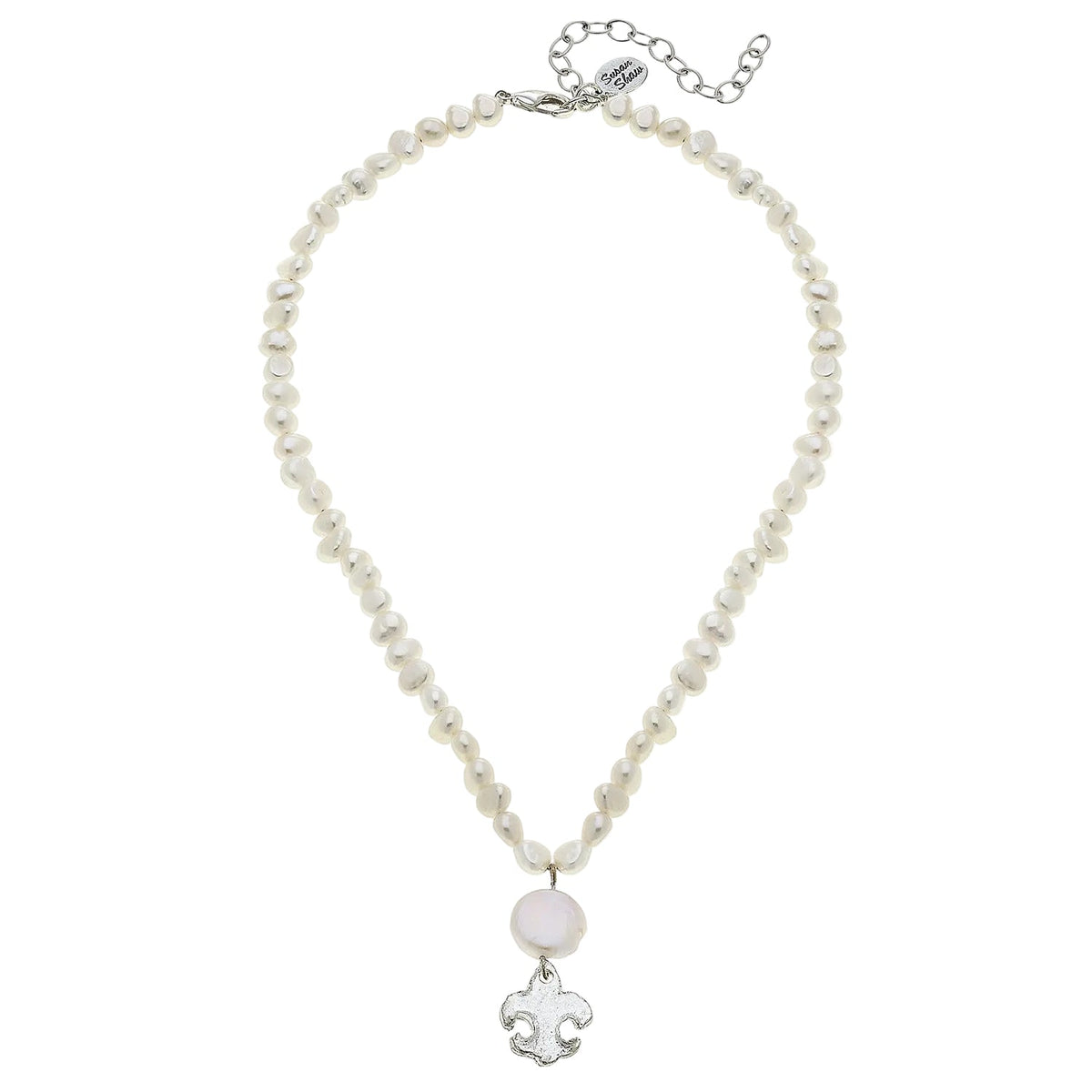 Silver Coin Pearl Fleur de Lis Drop Necklace