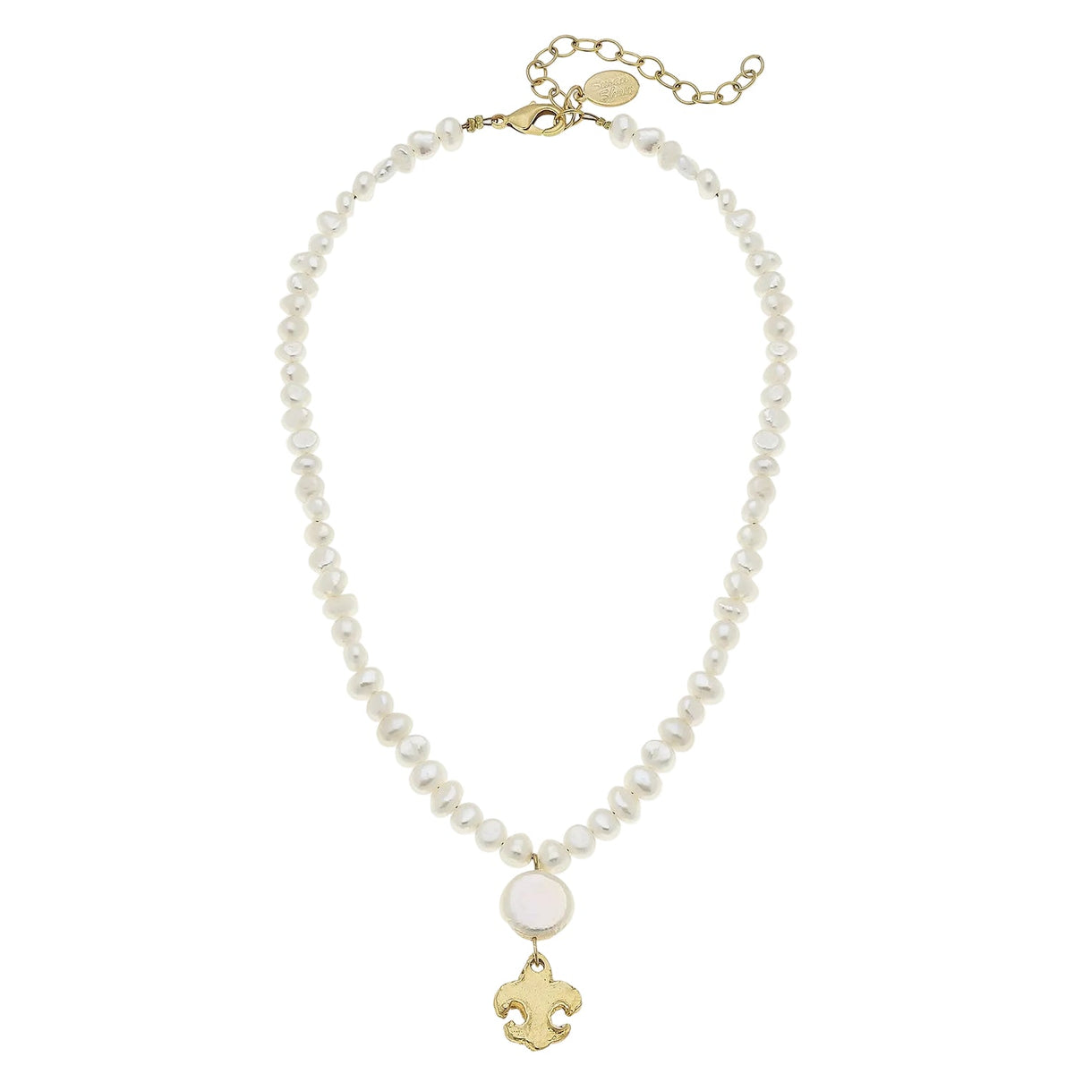 Coin Pearl Fleur de Lis Drop Necklace