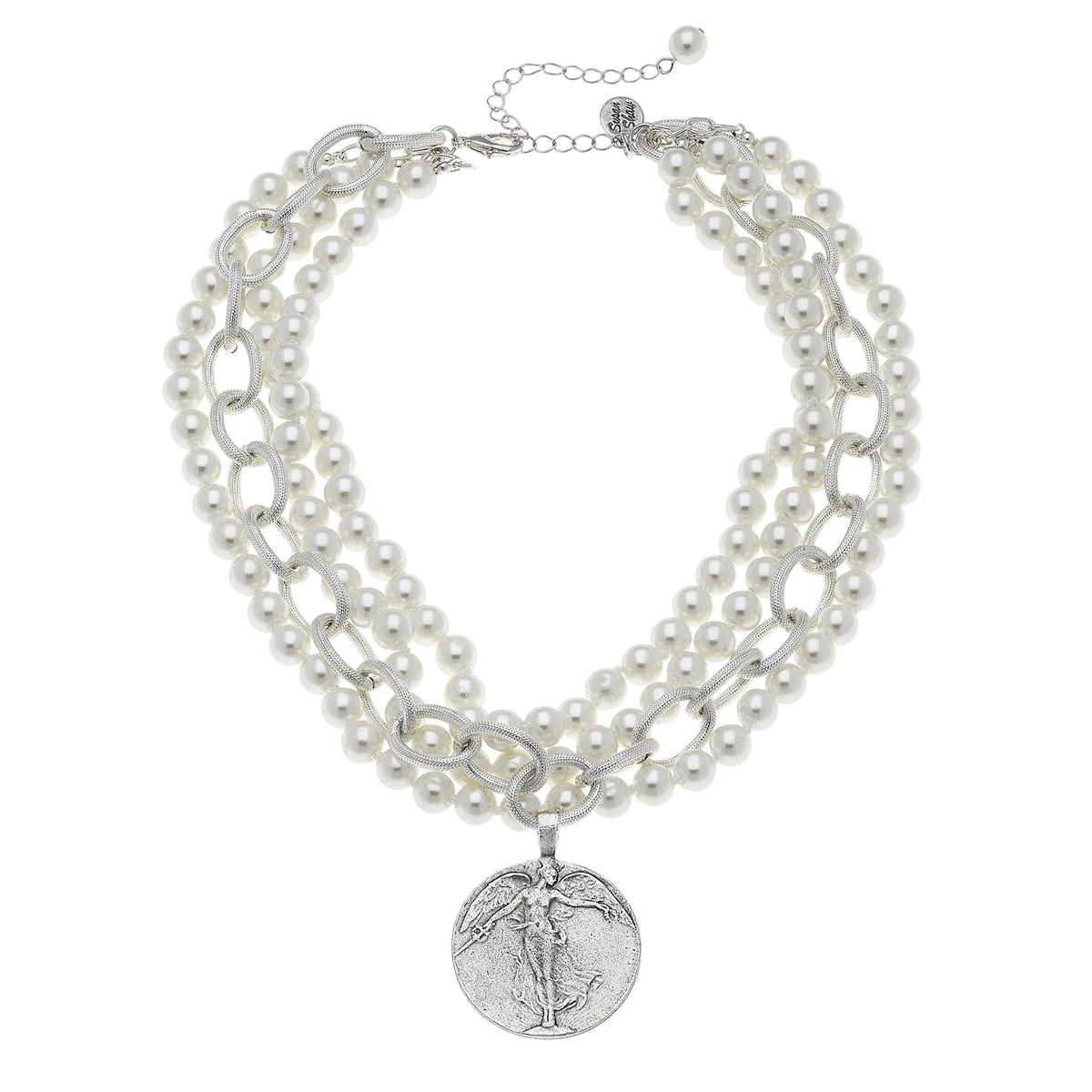 Silver Guardian Angel Multi-Strand Pearl Necklace