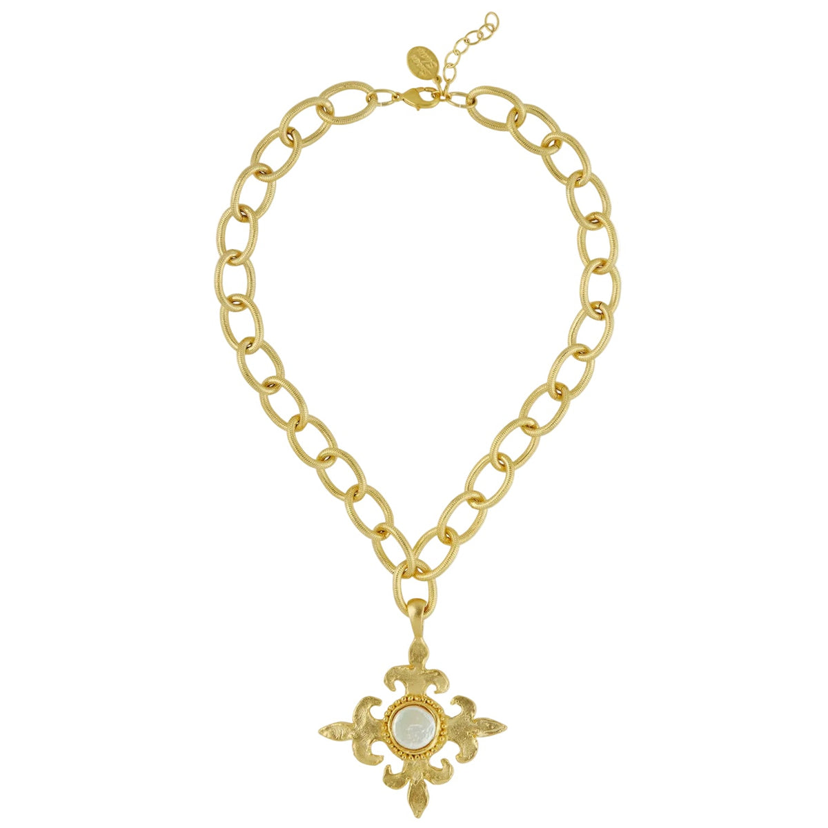 Fleur de Lis Cross & Coin Pearl Chain Necklace