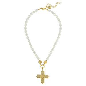 Jerusalem Double Cross Pearl Necklace